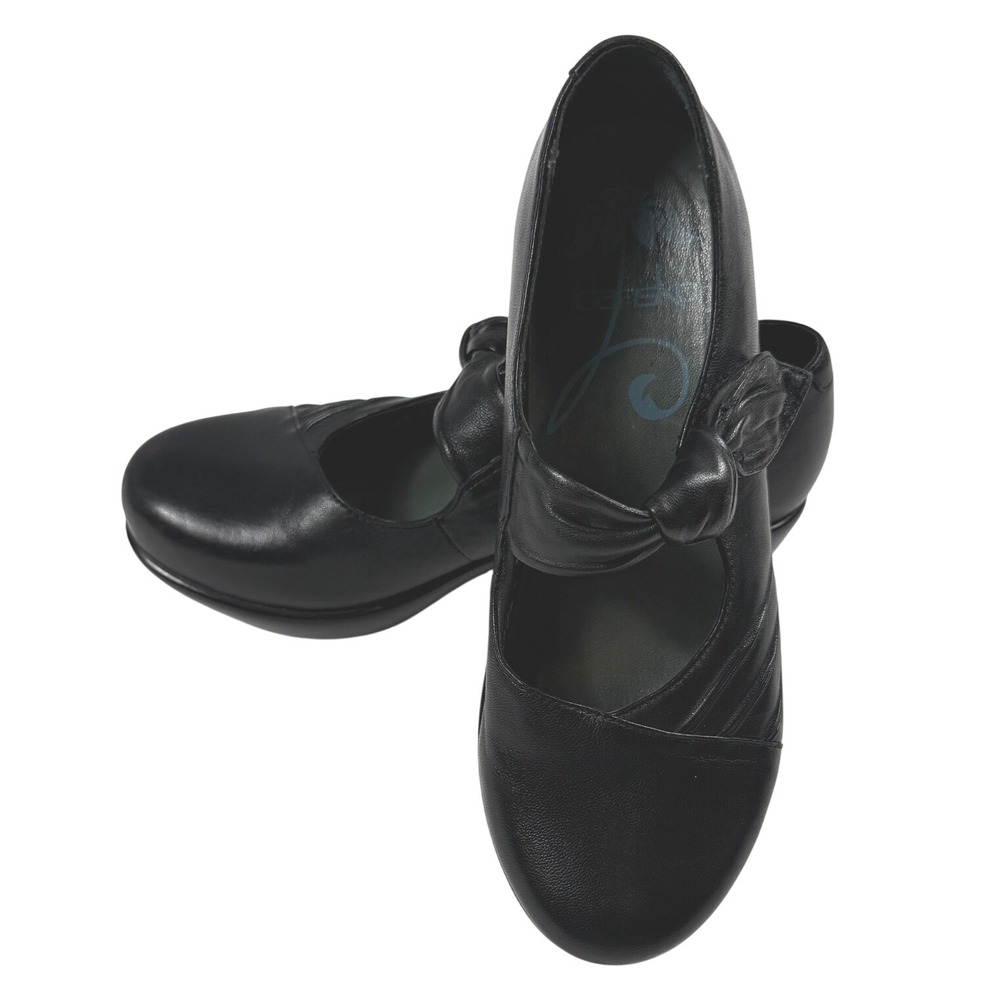 Dansko Black Leather Wedge Mary Jane with Knot Strap